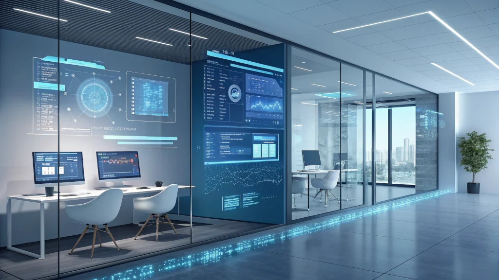 Futuristic web development workspace with holographic AI interfaces.