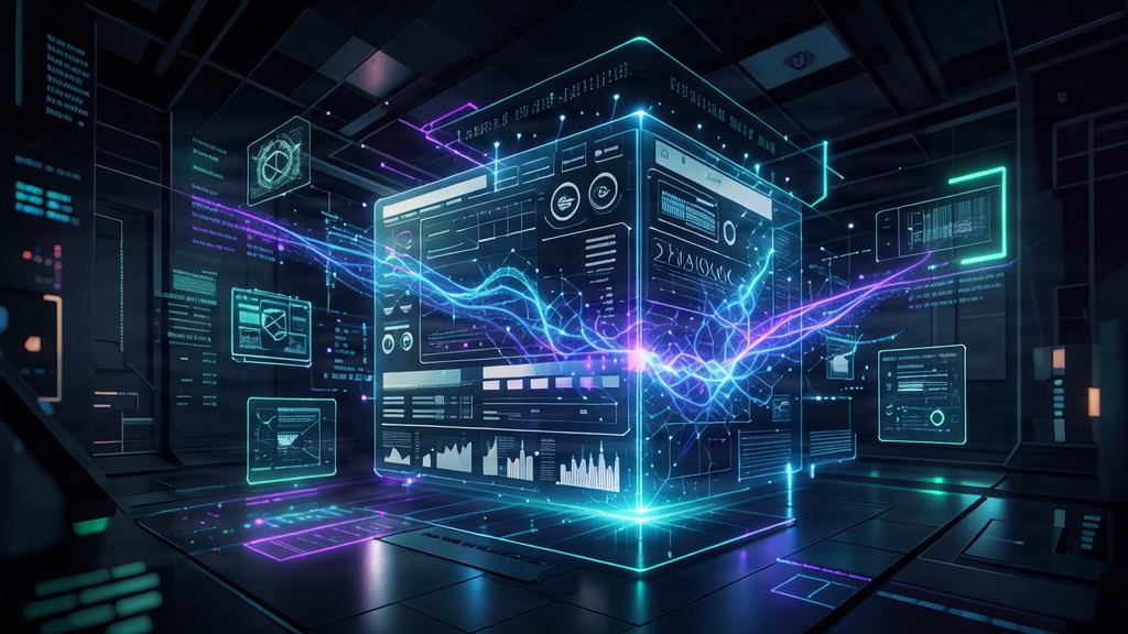 A futuristic business website interface being scanned by a glowing AI neural network, trending viral style, high tech, 2026 digital landscape.